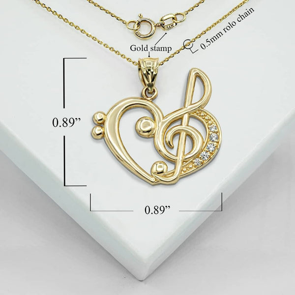10K Solid Gold Music Heart Treble Clef Pendant Necklace - Yellow, Rose, or White