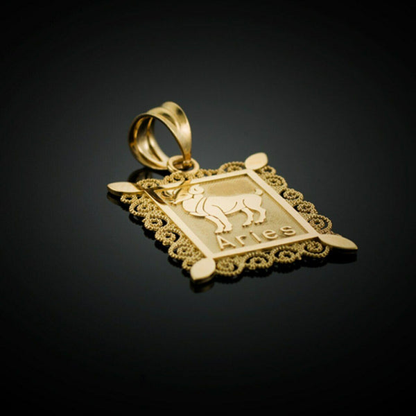 10k Solid Gold Aries Zodiac Sign Filigree Rectangular Pendant Necklace