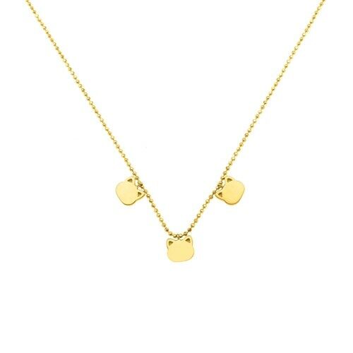 14K Solid Yellow Gold Mommy Loves You Triple Cat's Head Necklace 16"-18"