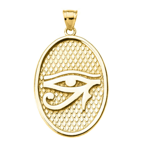 14K Solid Yellow Gold Eye of Horus Oval Pendant Necklace