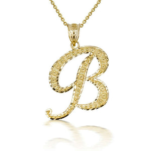10k Solid Yellow Gold Cursive Initial Letter B Pendant Necklace
