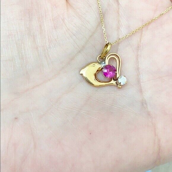 14K Solid Yellow Gold Mini Dolphin Pendant Dainty Necklace 16"-18" Adjustable
