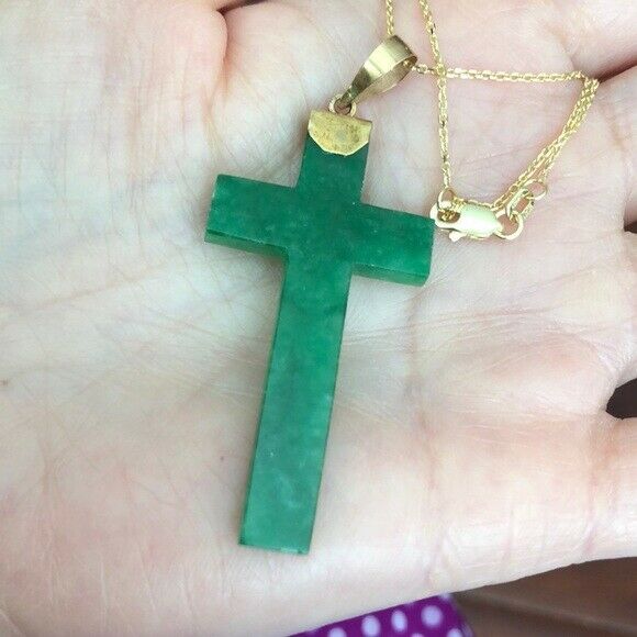 14K Solid Gold Green Jade Cross Pendant / Charm Dainty Adjustable Necklace