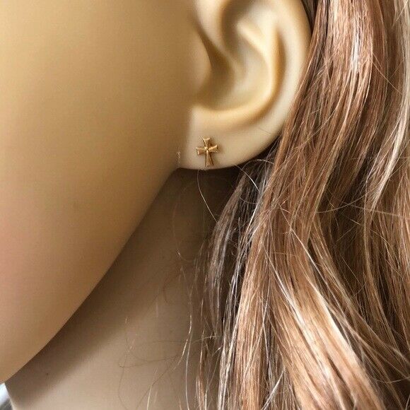 14K Solid Yellow Gold Mini Cross Dainty Stud Earrings