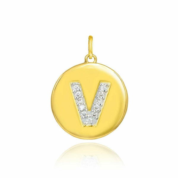 Solid 10k Yellow Gold Letter "V" Initial Diamond Disc Charm Pendant Necklace