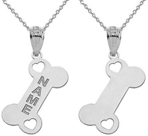 Personalized Engrave Name Silver Dog Bone Heart Charm Pendant Necklace