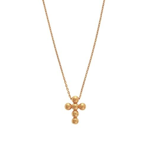 14K Solid Rose Gold Mini Small Bead Cross Necklace - Adjustable  16"-18