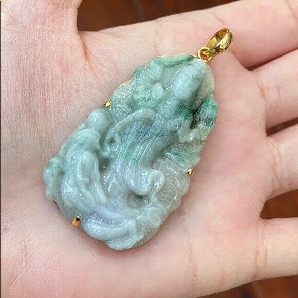 14K Solid Real Gold Natural Jadeite Jade Lotus Kwan Yin Lady Buddha Pendant 703