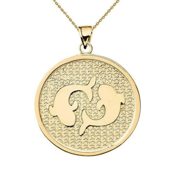 10K Solid Gold Pisces Zodiac Sign Disc Round Pendant Necklace 16" 18" 20" 22"