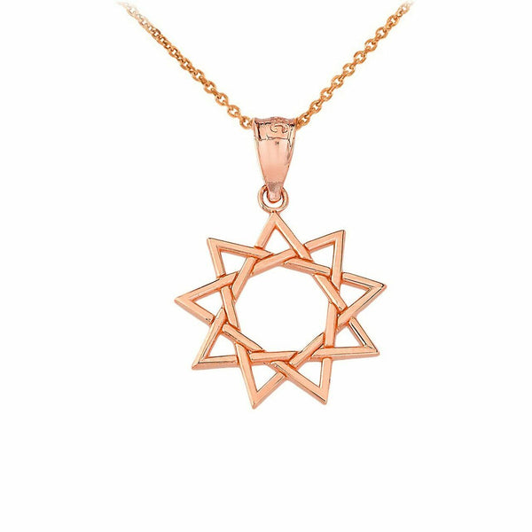 Solid 10k Rose Gold 9 Star Baha'i Sun Openwork Pendant Necklace