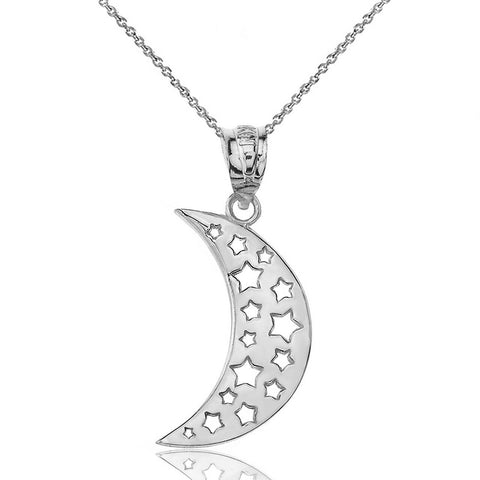 Solid 14k White Gold Dreaming Moon Crescent Stars Pendant Necklace