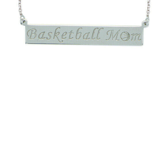 925 Sterling Silver Engraved "Basketball Mom" Geometric Bar Sport Necklace