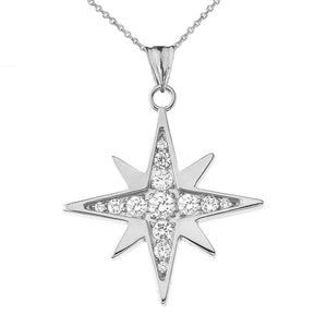 925 Fine Sterling Silver Cubic Zirconia North Star Pendant Necklace