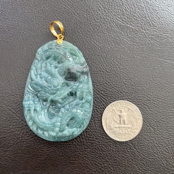 14K Solid Real Gold Carved Dragon Natural Jade Pendant Oval Large Men