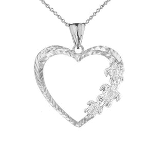 10k Solid White Gold Honu Hawaiian Turtles Heart Pendant Necklace