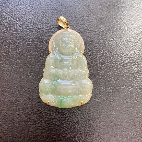 14K Solid Gold Lady Tara Buddhist Buddha Natural Jade Pendant Bodhisattva