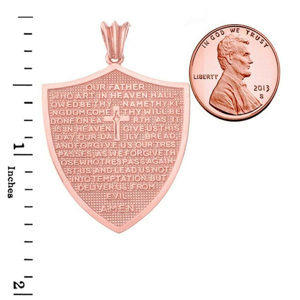 14k Solid Rose Gold The Lord’s Prayer Shield Medallion Pendant Necklace