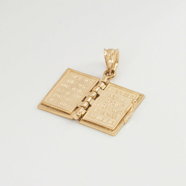 14k Solid Yellow Gold Holy Bible Book with "Our Father Prayer" Pendant Necklace