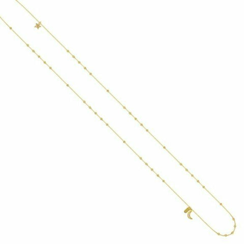 14K Solid Gold Diamond Mini Half Moon Crescent Star Bead Necklace 24" Dog Tag