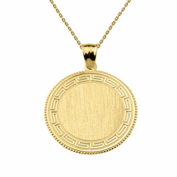 Solid 10k Yellow Gold Greek Key Engravable Round Pendant Necklace