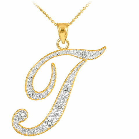 14k Solid Real Yellow Gold Diamonds Initial Script Letter T Pendant Necklace