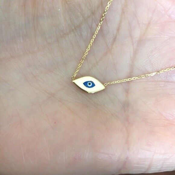14K Solid White Gold Mini Evil Eye Cable Necklace - Minimalist Adjustable