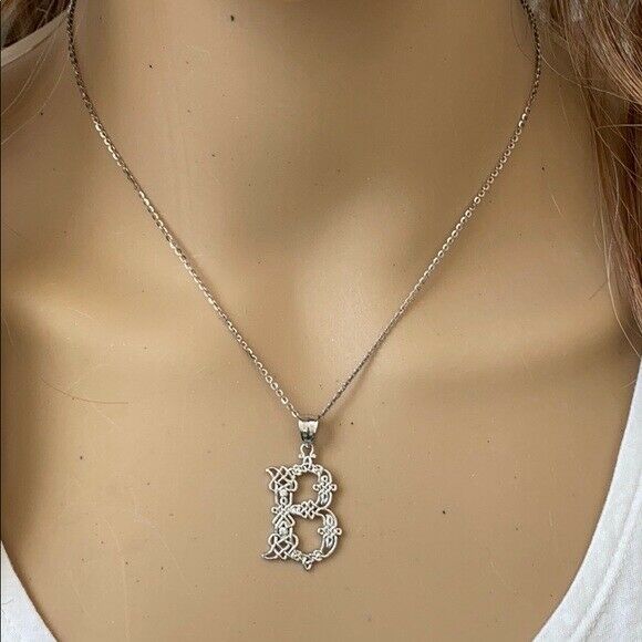 Sterling Silver CZ Celtic Knot Pattern Initial Letter B Pendant Charm Necklace