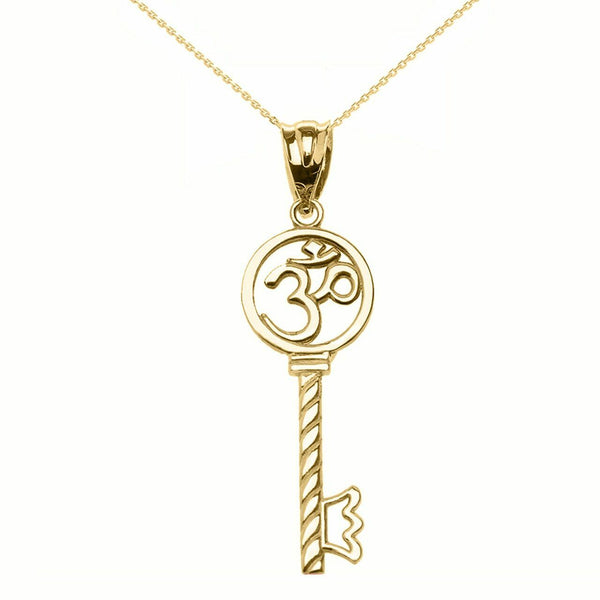 14k Solid Yellow Gold Om/Ohm Key Crown Pendant Necklace Yoga and Meditation