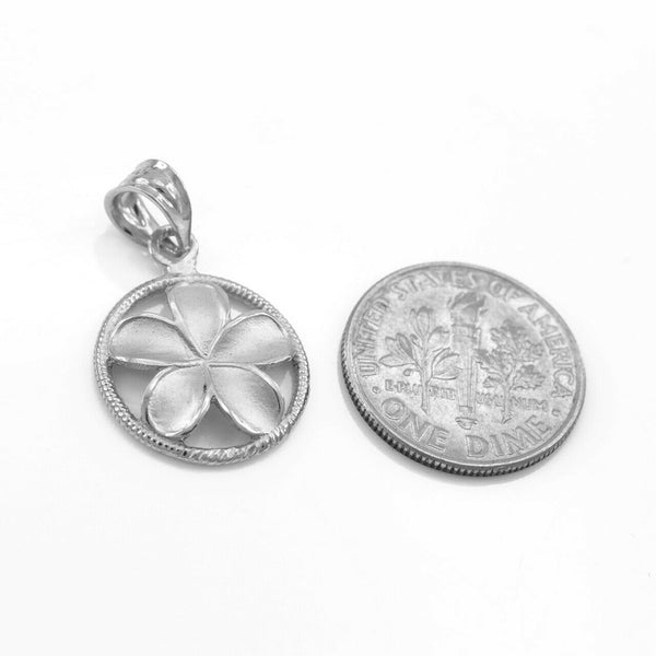 925 Sterling Silver Circle Hawaiian Plumeria Flower Pendant Necklace