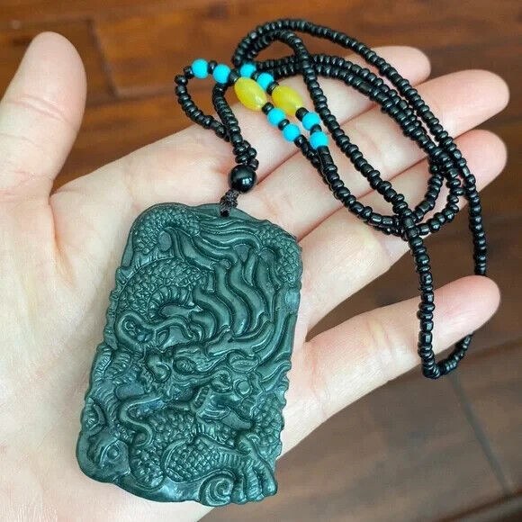 Large Nephrite Jade Carving Dragon Pendant Necklace Men