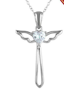 NWT Sterling Silver 925 Rhodium Plated Heart and Wings Cross Necklace with CZ -