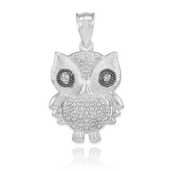 14K Solid Gold Owl Diamonds Pendant Necklace - Yellow, Rose, or White