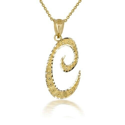 10k Solid Yellow Gold Cursive Initial Letter C Pendant Necklace