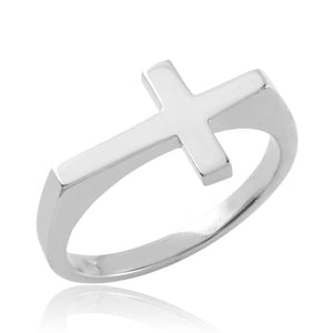 Polished Sterling Silver Flat Top Sideways Cross Ring Matte Finished Made in USA