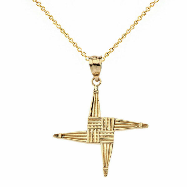 10k Solid Yellow Gold Irish St. Brigid's Christian Wall Cross Pendant Necklace
