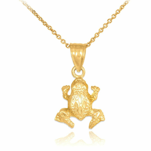 Solid 14k Yellow Gold Small Textured Gold Frog Charm Pendant Necklace