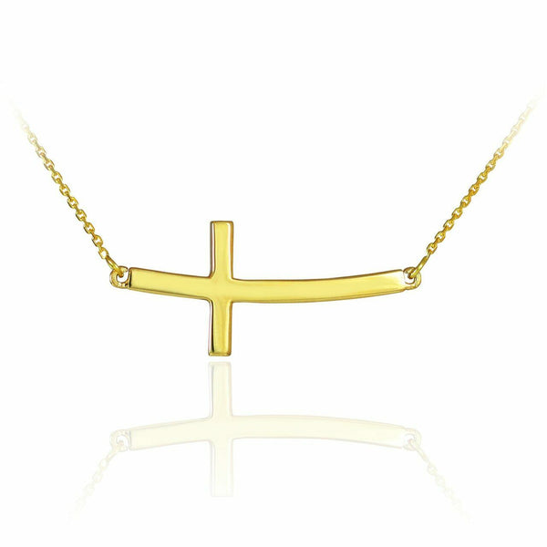 14K Solidl Yellow Gold Sideways Curved Cross Necklace 16" 18" 20" 22"