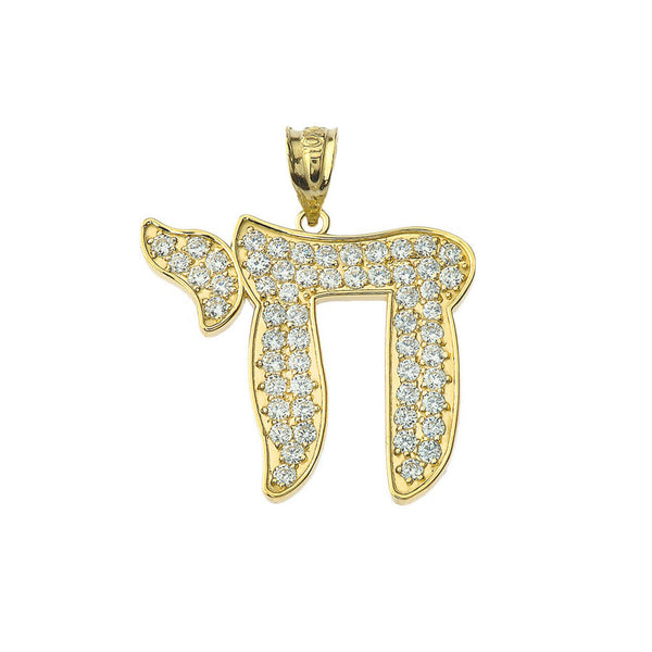 10k Solid Gold CZ Chic Chai (0.9") Pendant Necklace - Yellow, Rose, White