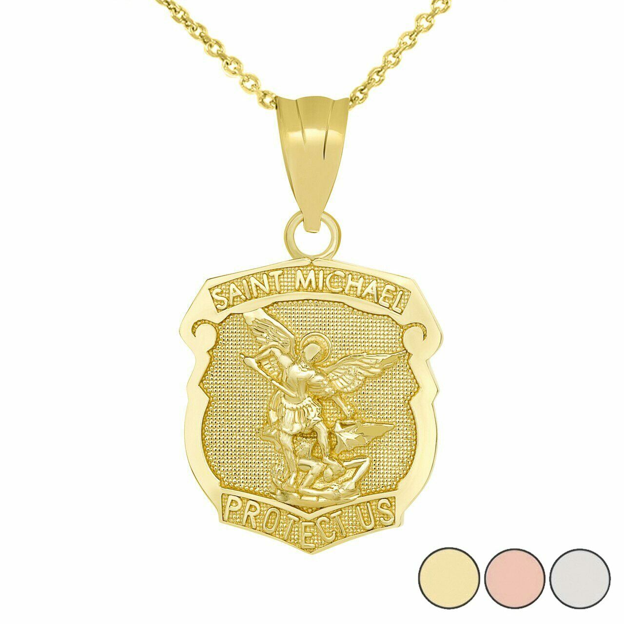 10k Solid Yellow Gold Saint Michael Protect Us Shield Pendant Necklace