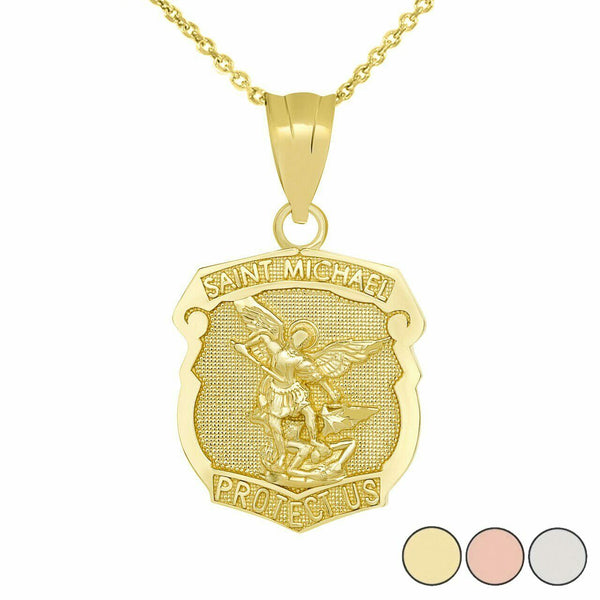 10k Solid Yellow Gold Saint Michael Protect Us Shield Pendant Necklace