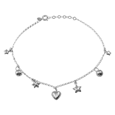 Sterling Silver 925 Dangling Star, Heart, Round Charm Anklet 9"-10" adjust