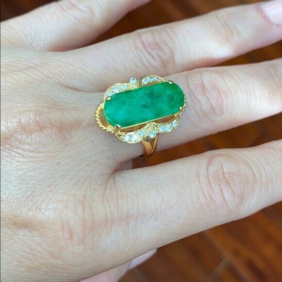 14K Solid Real Yellow Gold Rectangle Green Jade CZ Ring Size 6.75