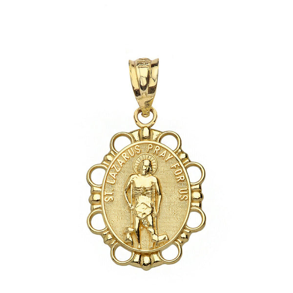 14k Solid Yellow Gold St. Saint Lazarus Pray For Us Health Oval Pendant Necklace