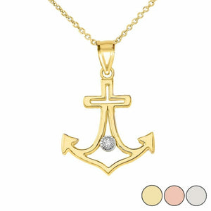 10k or 14k Solid Gold Diamond Cross Anchor Outline Openwork Pendant Necklace