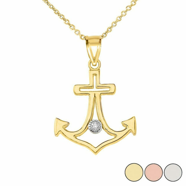10k or 14k Solid Gold Diamond Cross Anchor Outline Openwork Pendant Necklace