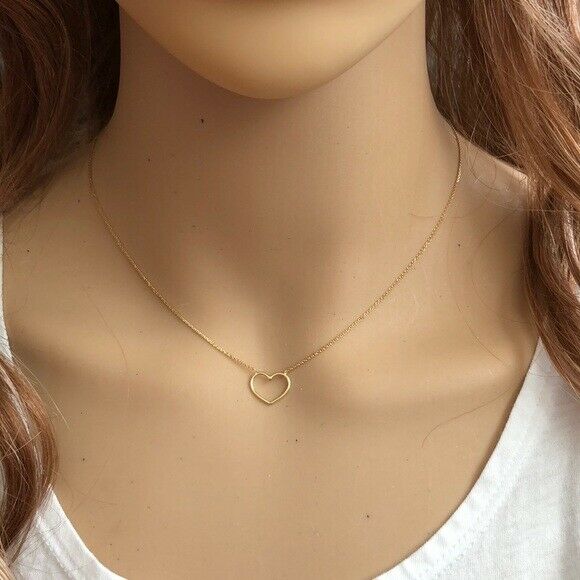 14K Solid White Gold Open Heart Cut Out Necklace - Minimalist  Adjustable