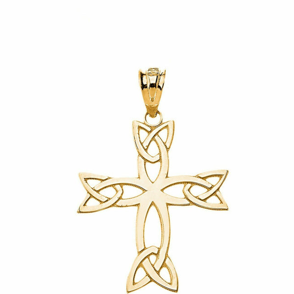 Solid Yellow Gold 10K Celtic Trinity Cross Charm Pendant Necklace