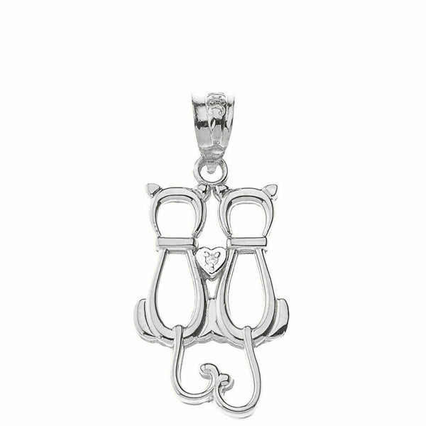 925 Sterling Silver A Pair of Love Cats Heart CZ Openwork Pendant Necklace