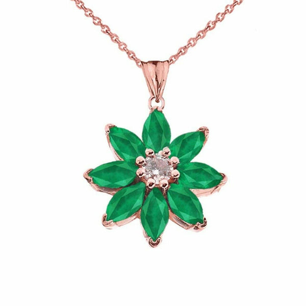 Solid 10k Rose Gold Genuine Emerald and Diamond Daisy Pendant Necklace