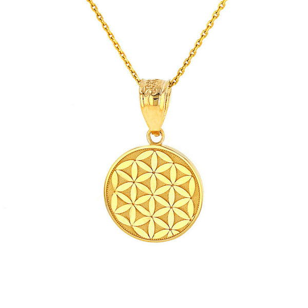 14K Solid Gold Flower of Life Dainty Disc Medallion Pendant Necklace
